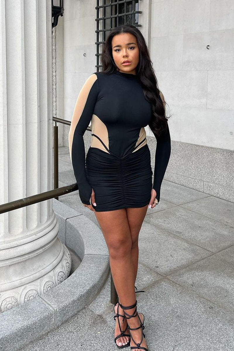 Black Mesh Panel Ruched Mini Dress - Shinju