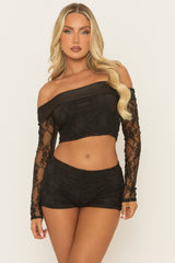 Black Lace Bardot Top and Micro Short Co-ord Set - Amiee