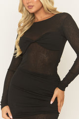 Black Twist Front Long Sleeve Mini Dress - Reehan