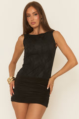 Black Lace Ruched Mini Dress - Amais
