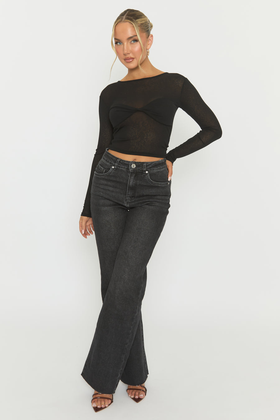 Black Twist Front Long Sleeve Top - Kaylia