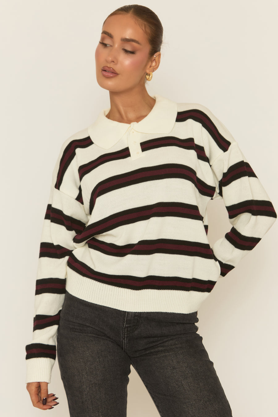 White Stripe Collared Knit Jumper - Arana