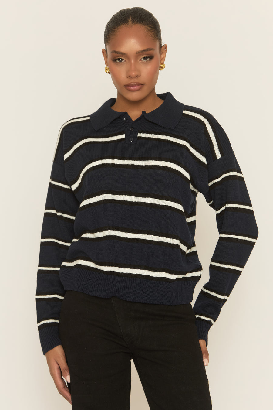Navy Stripe Collared Knit Jumper - Arana