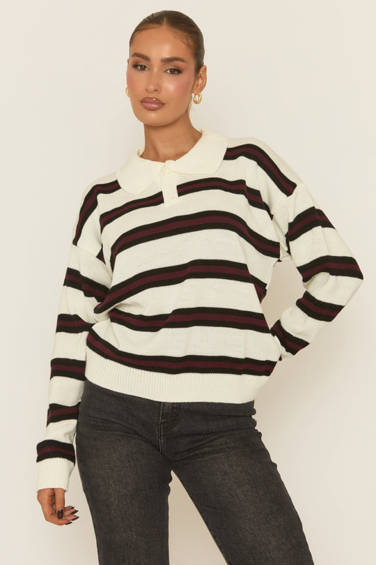 White Stripe Collared Knit Jumper - Arana