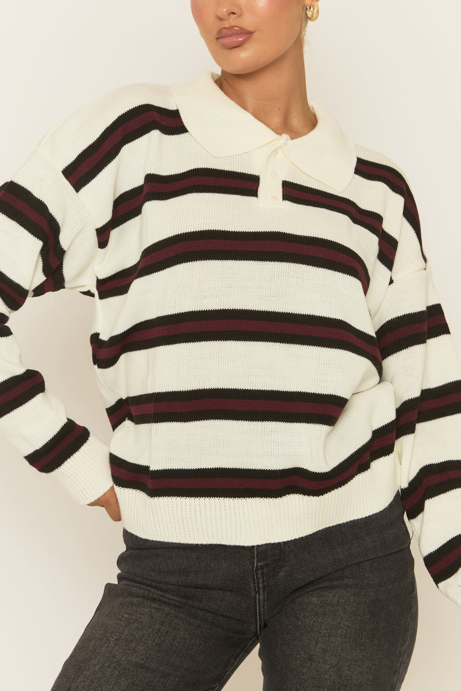 White Stripe Collared Knit Jumper - Arana