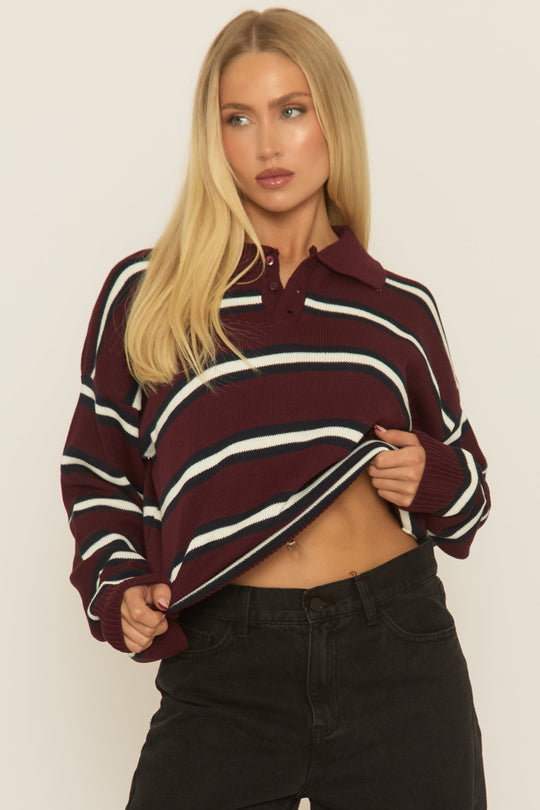 Wine Stripe Collared Knit Jumper - Arana
