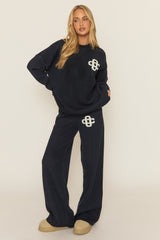 Navy Contrast Motif Knit Loungewear Co-ord Set - Regan