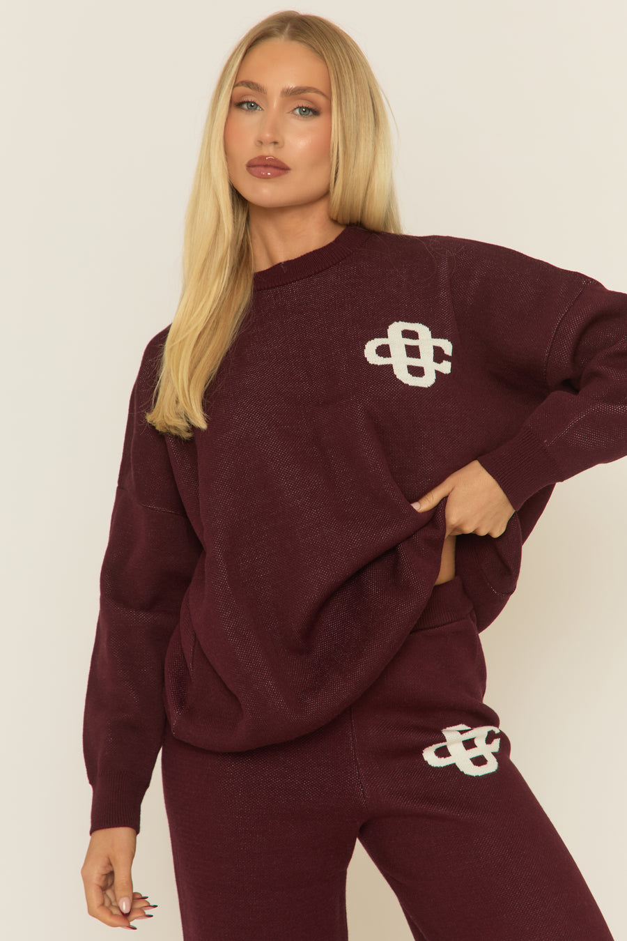 Wine Contrast Motif Knit Loungewear Co-ord Set - Regan