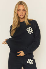 Navy Contrast Motif Knit Loungewear Co-ord Set - Regan