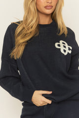 Navy Contrast Motif Knit Loungewear Co-ord Set - Regan