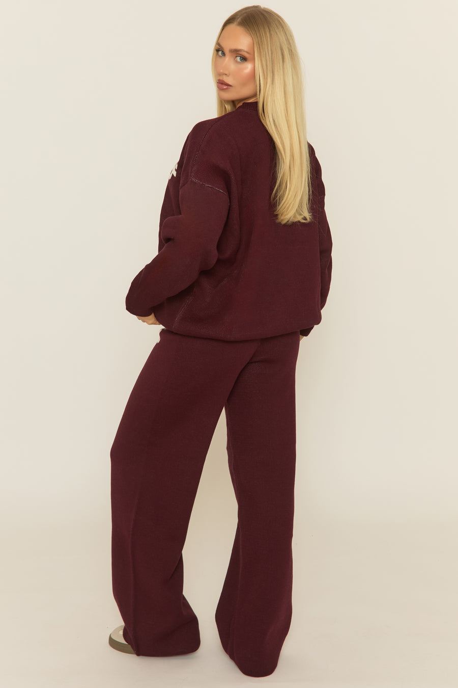 Wine Contrast Motif Knit Loungewear Co-ord Set - Regan