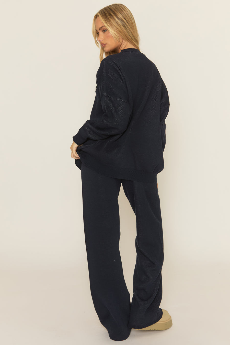 Navy Contrast Motif Knit Loungewear Co-ord Set - Regan