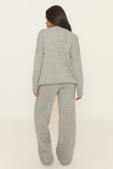 Grey Marl Contrast Motif Knit Loungewear Co-ord Set - Regan