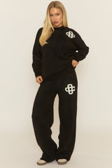 Black Contrast Motif Knit Loungewear Set - Regan