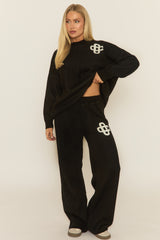 Black Contrast Motif Knit Loungewear Set - Regan