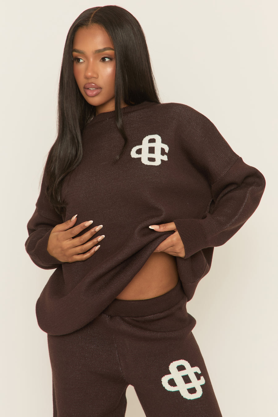 Chocolate Contrast Motif Knit Loungewear Co-ord Set - Regan