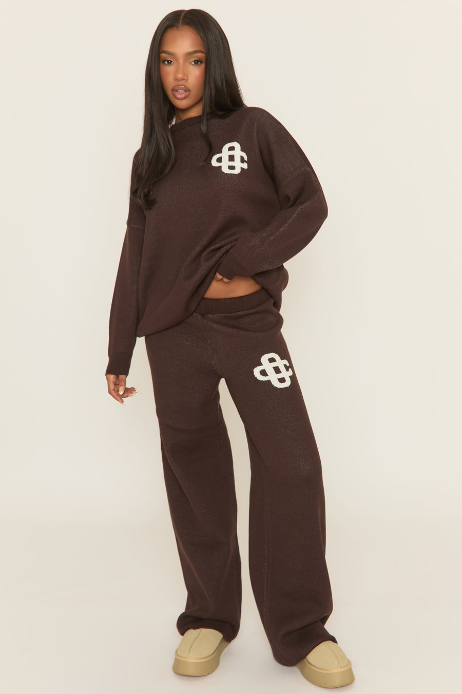Chocolate Contrast Motif Knit Loungewear Co-ord Set - Regan