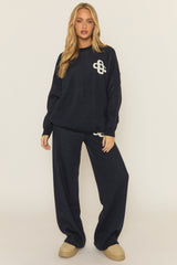 Navy Contrast Motif Knit Loungewear Co-ord Set - Regan