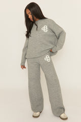 Grey Marl Contrast Motif Knit Loungewear Co-ord Set - Regan