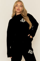 Black Contrast Motif Ribbed Knit Loungewear Co-ord Set - Ammae