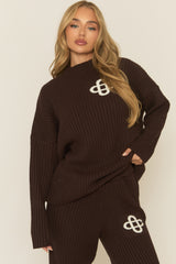 Chocolate Contrast Motif Ribbed Knit Loungewear Co-ord Set - Ammae