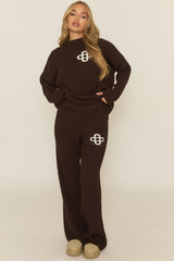 Chocolate Contrast Motif Ribbed Knit Loungewear Co-ord Set - Ammae