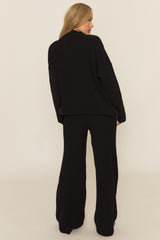 Black Contrast Motif Ribbed Knit Loungewear Co-ord Set - Ammae