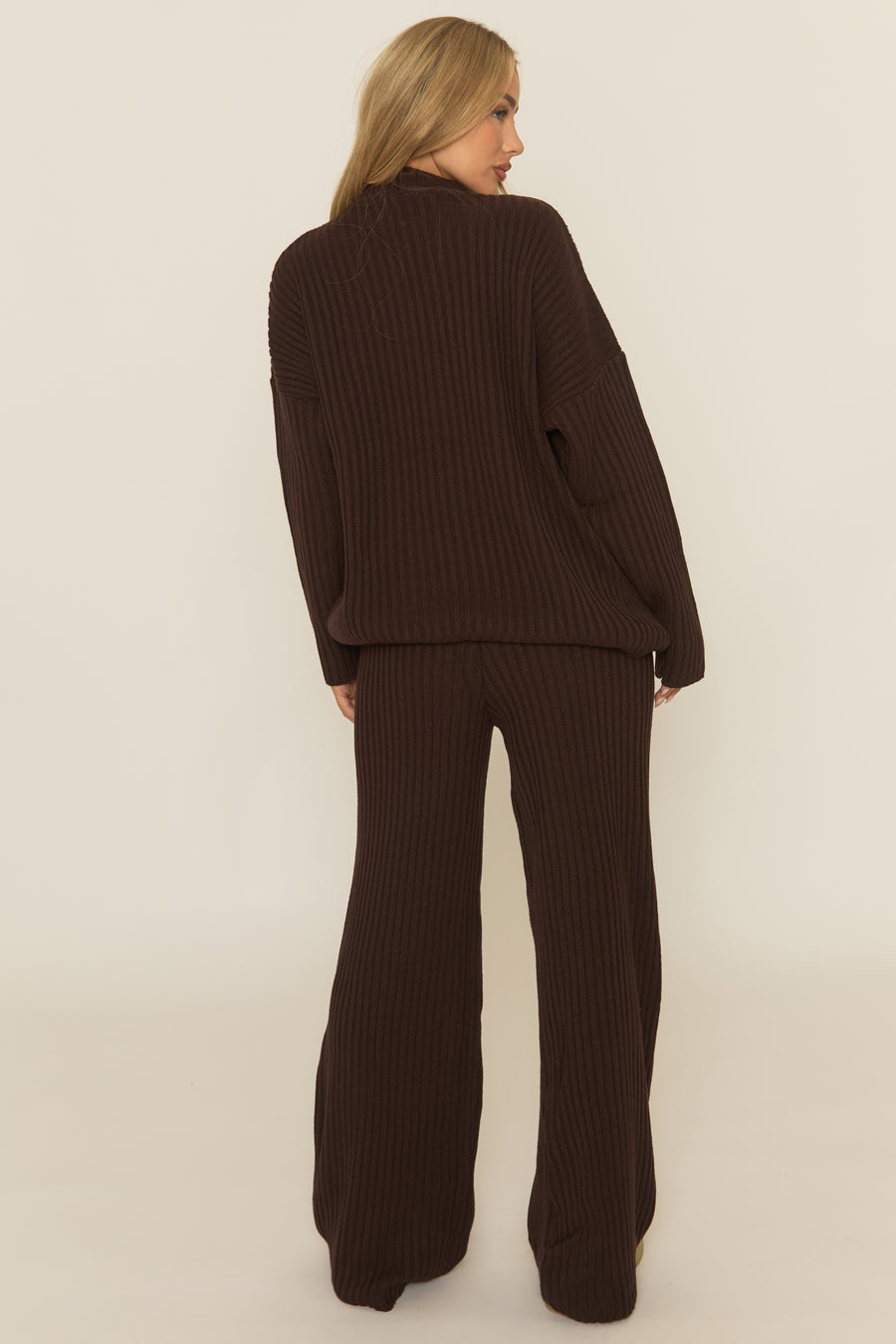 Chocolate Contrast Motif Ribbed Knit Loungewear Co-ord Set - Ammae