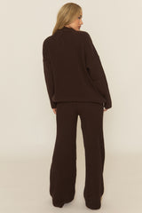 Chocolate Contrast Motif Ribbed Knit Loungewear Co-ord Set - Ammae