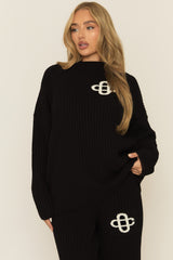 Black Contrast Motif Ribbed Knit Loungewear Co-ord Set - Ammae
