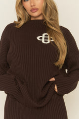 Chocolate Contrast Motif Ribbed Knit Loungewear Co-ord Set - Ammae