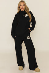 Black Contrast Motif Ribbed Knit Loungewear Co-ord Set - Ammae