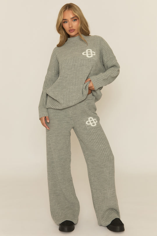 Grey Contrast Motif Ribbed Knit Loungewear Co-ord Set - Ammae