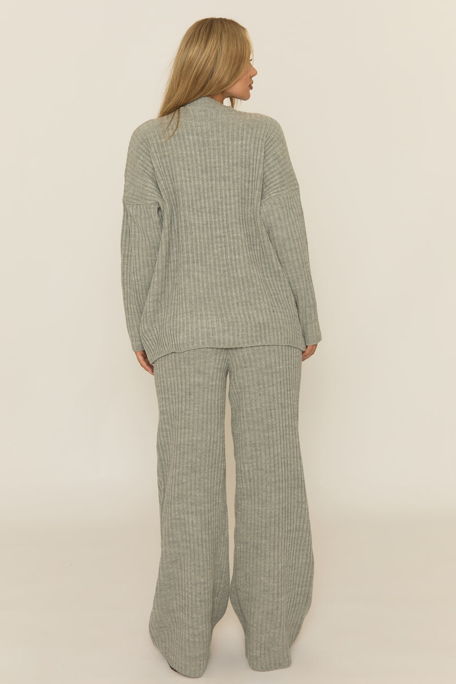 Grey Contrast Motif Ribbed Knit Loungewear Co-ord Set - Ammae