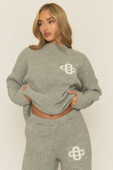 Grey Contrast Motif Ribbed Knit Loungewear Co-ord Set - Ammae