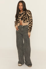 Beige Leopard Print Tie Front Knitted Cardigan - Bekka