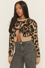 Beige Leopard Print Tie Front Knitted Cardigan - Bekka