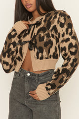 Beige Leopard Print Tie Front Knitted Cardigan - Bekka