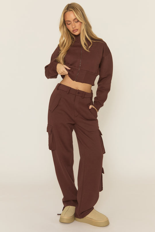 Chocolate Cropped Cargo Loungewear Co-ord Set - Lizzie