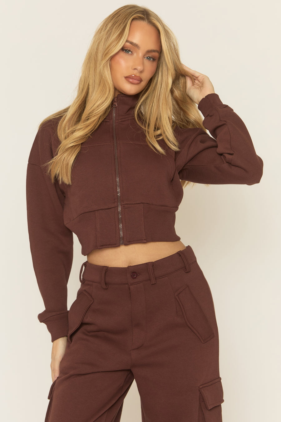 Chocolate Cropped Cargo Loungewear Co-ord Set - Lizzie