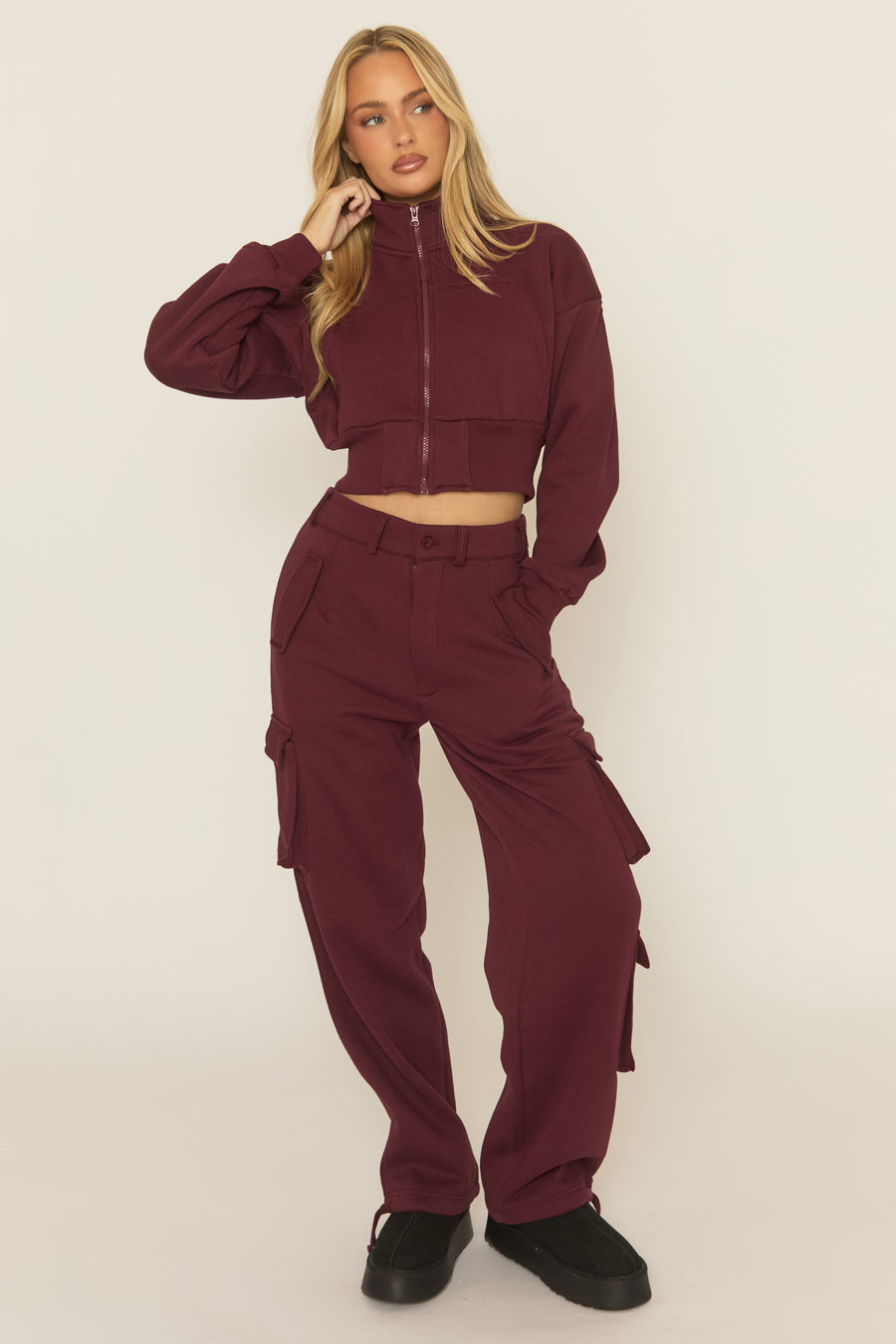 Wine Cropped Cargo Loungewear Co-ord Set - Lizzie