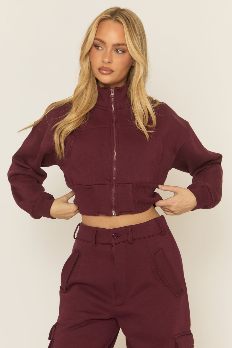Wine Cropped Cargo Loungewear Co-ord Set - Lizzie