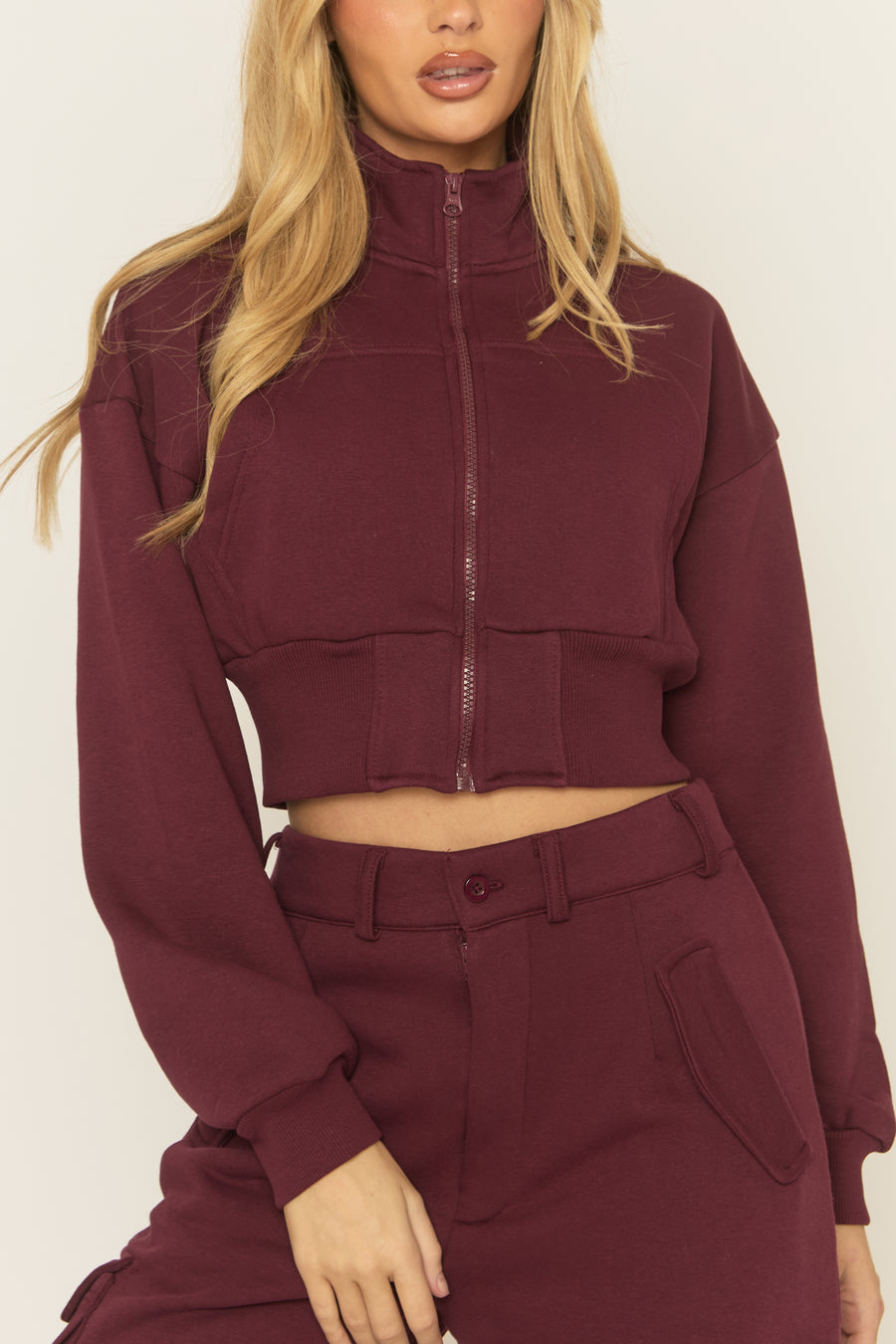 Wine Cropped Cargo Loungewear Co-ord Set - Lizzie