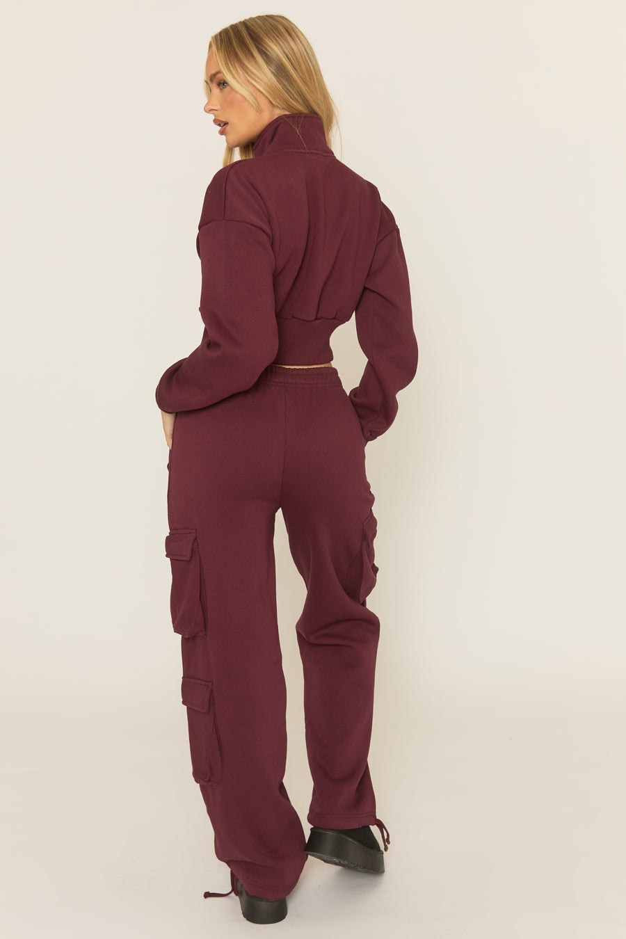 Wine Cropped Cargo Loungewear Co-ord Set - Lizzie