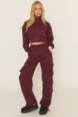 Wine Cropped Cargo Loungewear Co-ord Set - Lizzie