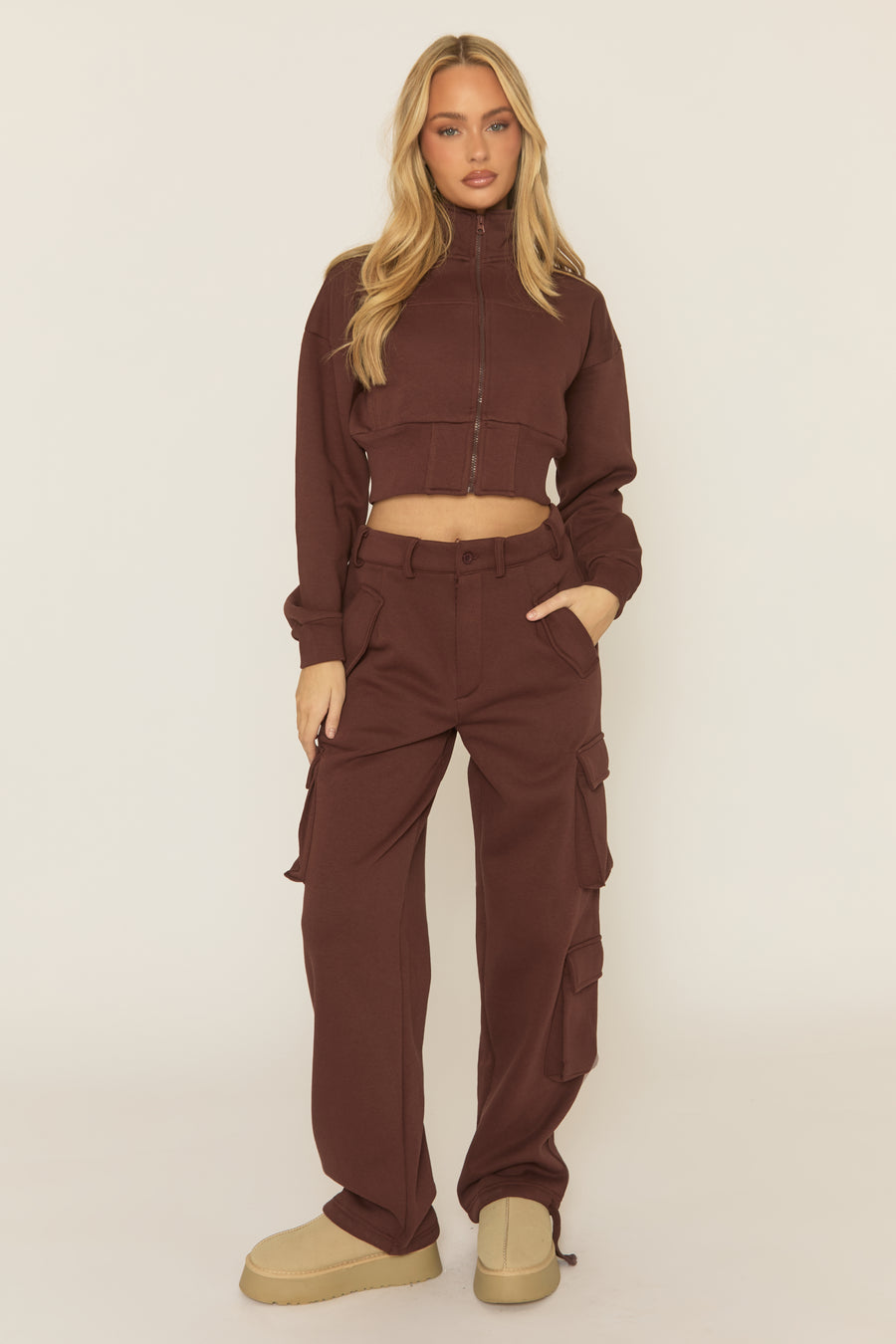 Chocolate Cropped Cargo Loungewear Co-ord Set - Lizzie
