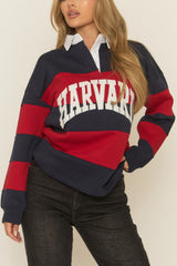 Navy Stripe Slogan Collared Sweater - Nisha