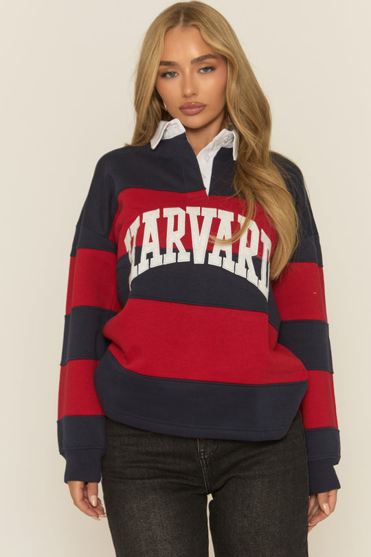 Navy Stripe Slogan Collared Sweater - Nisha