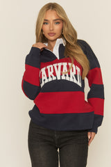 Navy Stripe Slogan Collared Sweater - Nisha