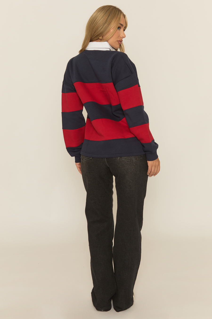 Navy Stripe Slogan Collared Sweater - Nisha